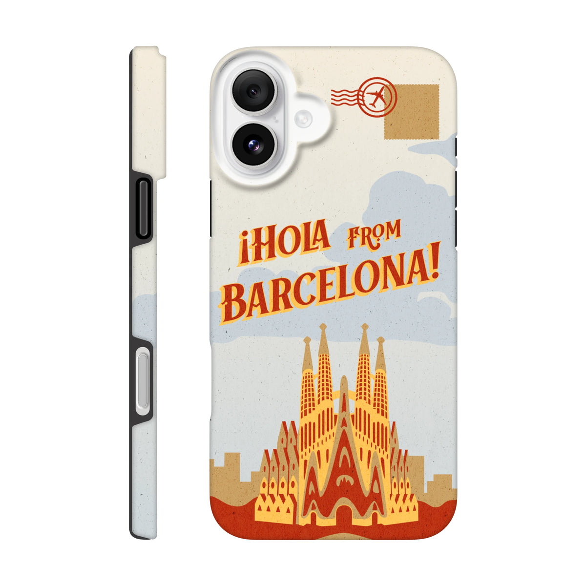 Barcelona Travel Postcard Tough iPhone Case with wraparound postcard print for iPhone 13–16, Spain.