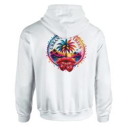 White hoodie back view featuring retro tropical palm tree sunset graphic with glossy cherry lips and matching drawstrings.