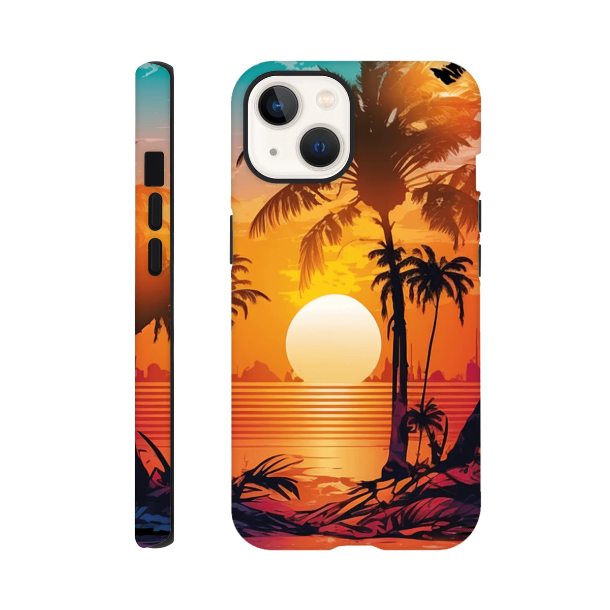 Retro tropical sunset iPhone case with palm tree silhouette and orange gradient over ocean water for beach vibes.