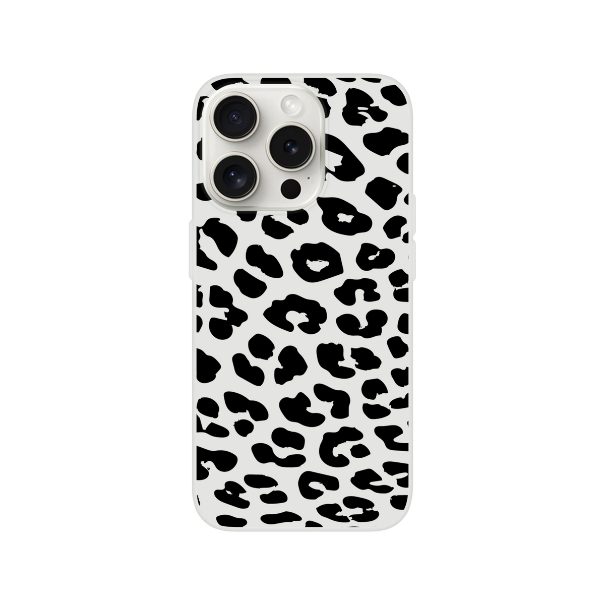 Retro Snow Leopard iPhone Case for iPhone 13–16 with bold black leopard print on light background.