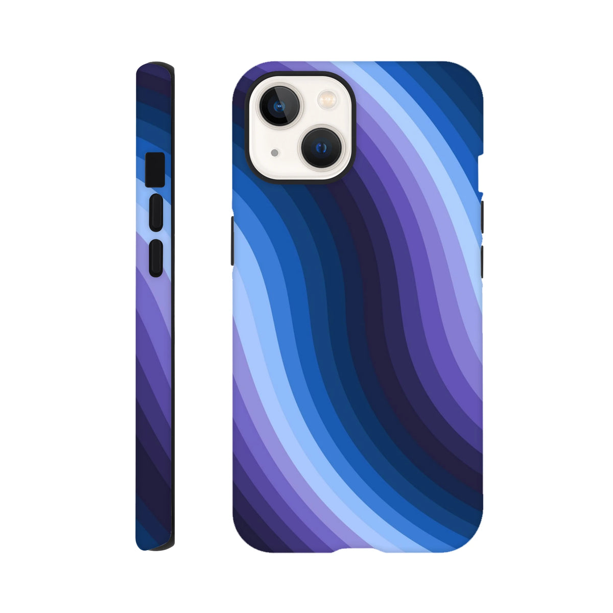 Blue retro wave iPhone case featuring Y2K wavy stripes in gradient shades. Tough protective cover with reinforced guard rails for models 13-16.