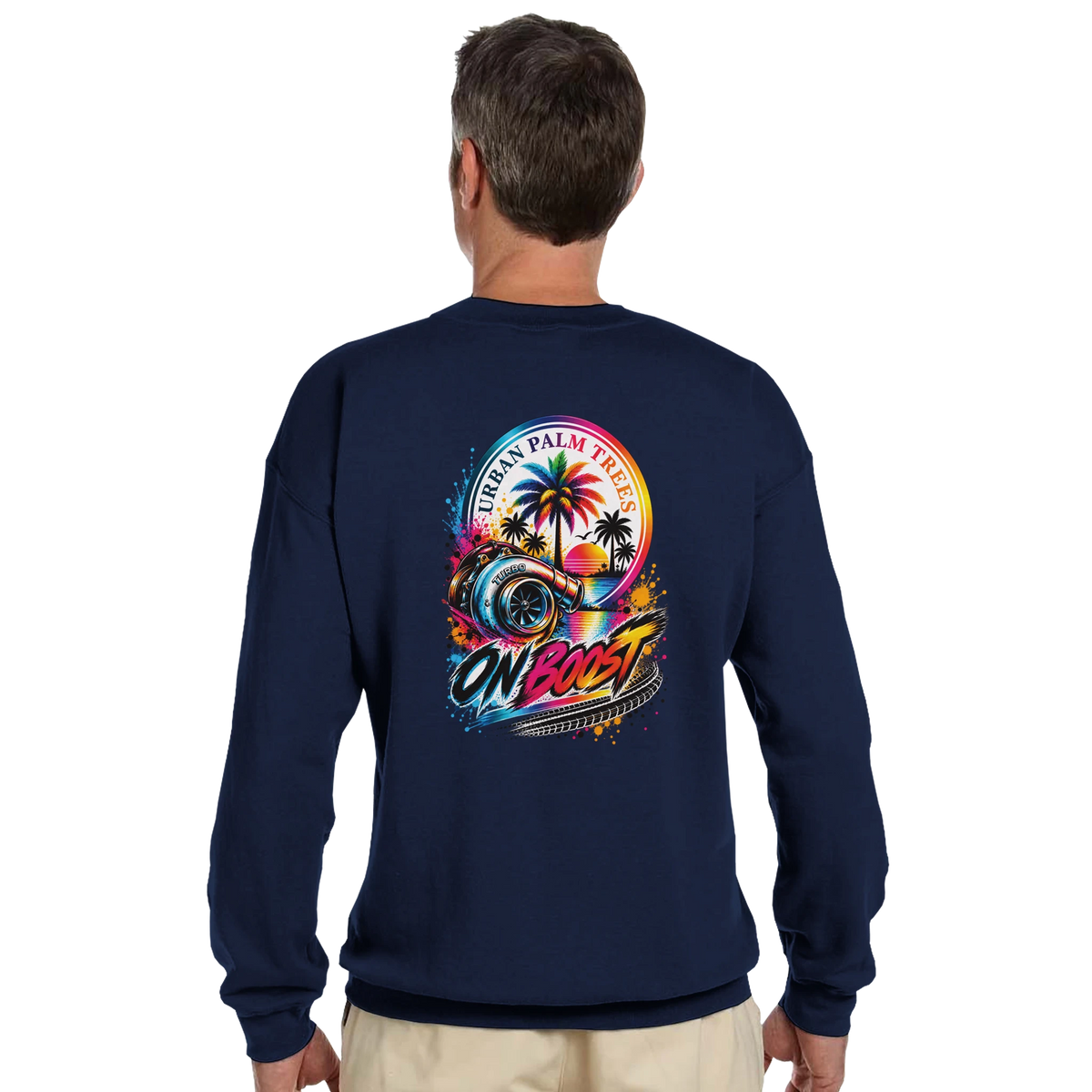 Rear view of navy On Boost Car Sweatshirt featuring a colorful turbo and Urban Palm Trees graphic for petrolheads.