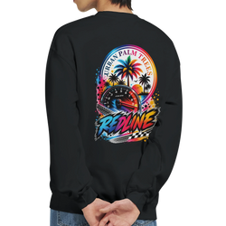 Black Redline Car Sweatshirt featuring a colorful back graphic with a tachometer, palm trees, and Urban Palm Trees text.