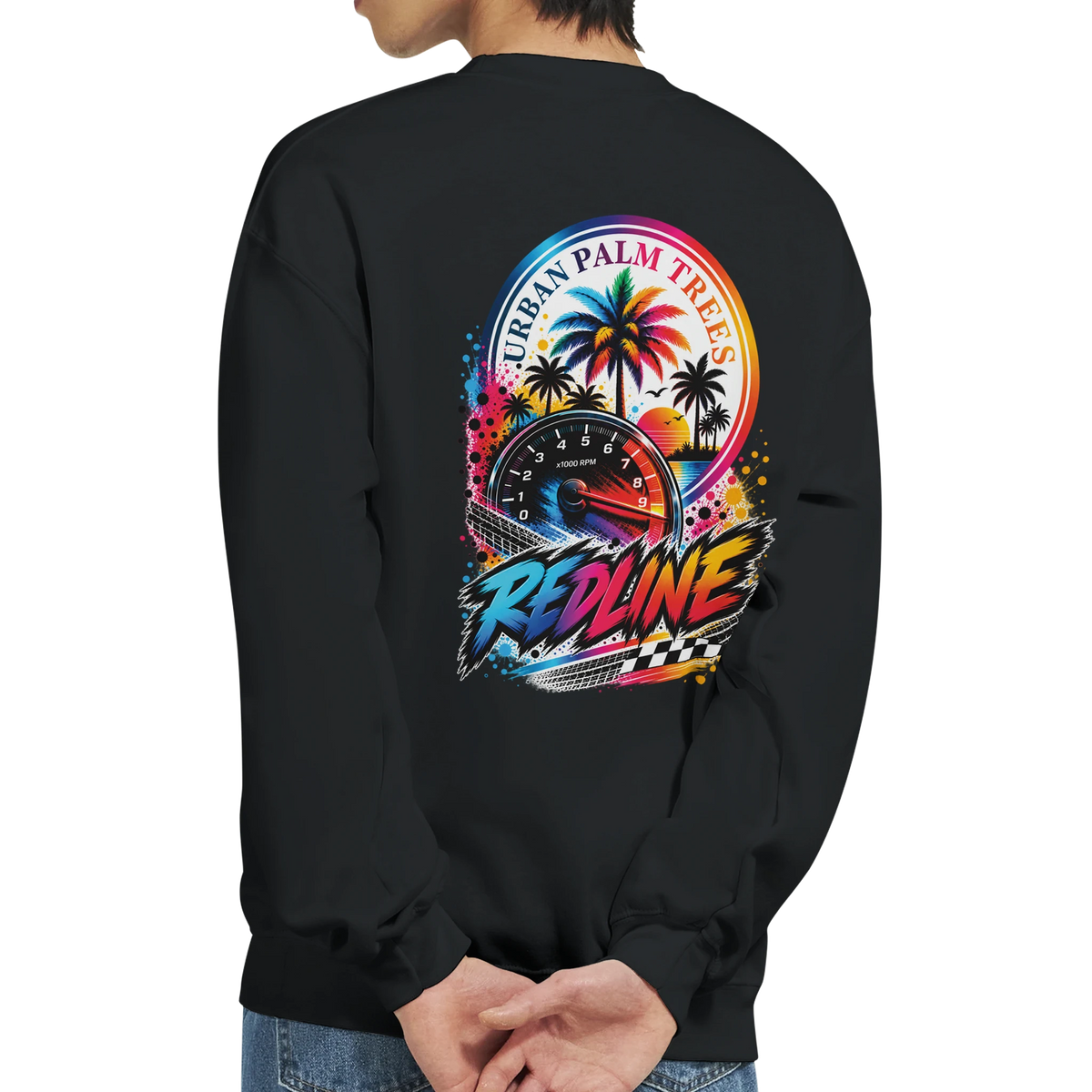 Black Redline Car Sweatshirt featuring a colorful back graphic with a tachometer, palm trees, and Urban Palm Trees text.