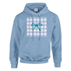 Light blue pullover hoodie with pastel gingham square and teal bow graphic. Coquette style women's graphic sweatshirt.