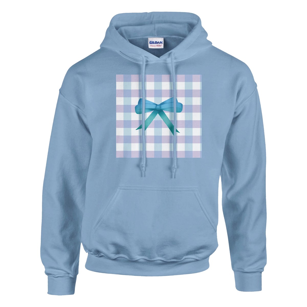 Light blue pullover hoodie with pastel gingham square and teal bow graphic. Coquette style women's graphic sweatshirt.