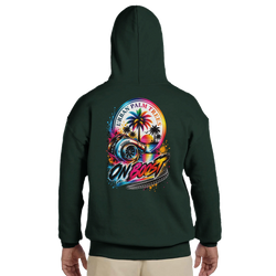 Dark green men's hoodie featuring a colorful back graphic of a turbocharger, palm trees, and "On Boost" text for modified car culture.