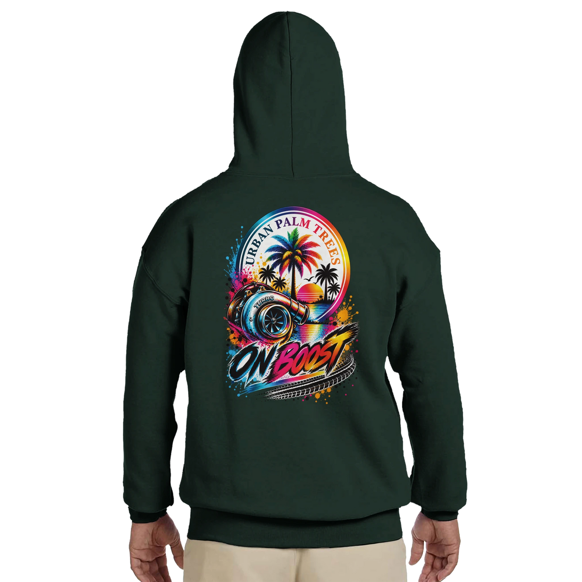 Dark green men's hoodie featuring a colorful back graphic of a turbocharger, palm trees, and "On Boost" text for modified car culture.