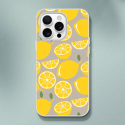 Lemon slice pattern iPhone case for 13-16 with bright yellow citrus on beige background.