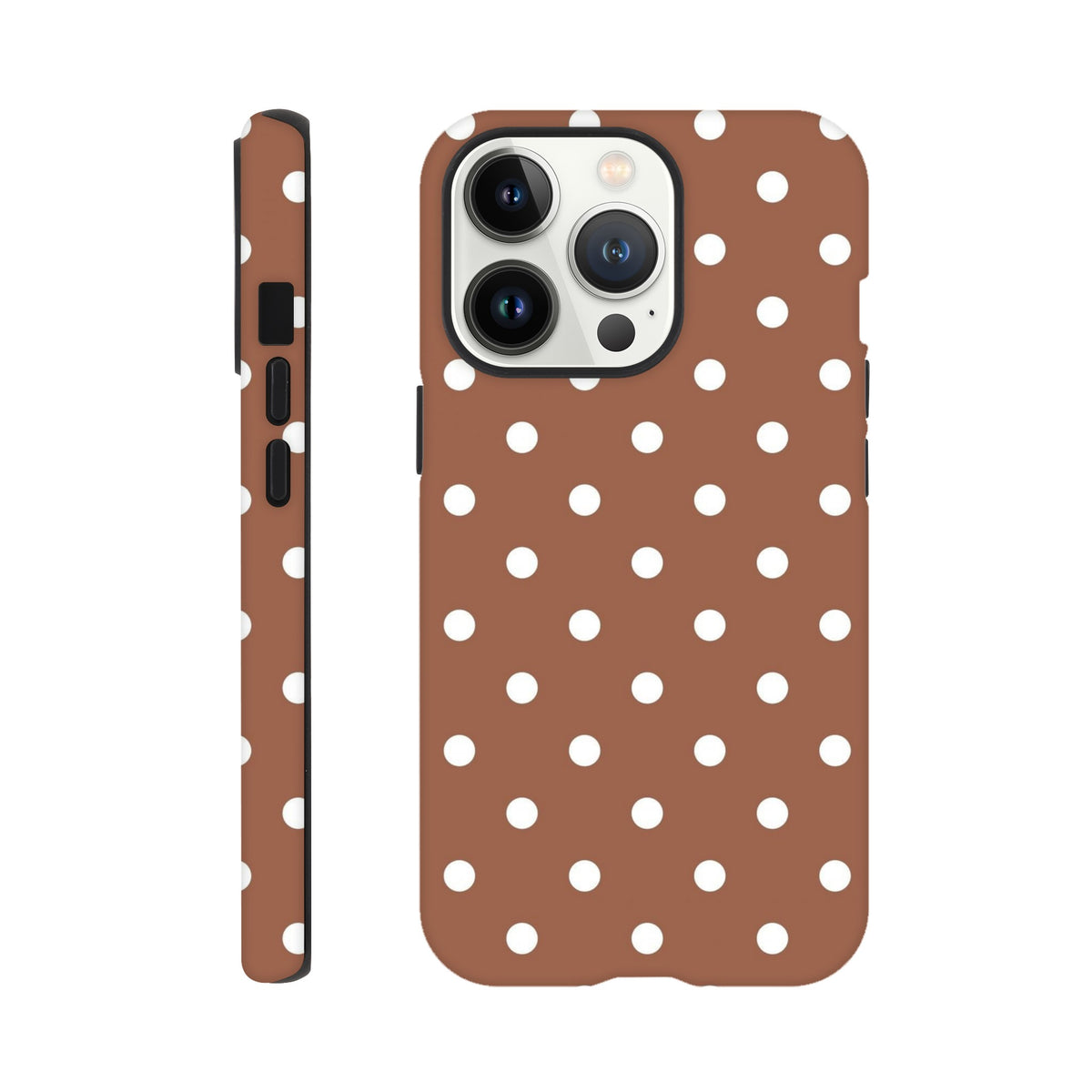 Retro brown and white polka dot tough iPhone case with shock-absorbing TPU protection for iPhone 13-16 Pro Max.