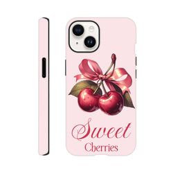 Pink iPhone case featuring vintage red cherries tied with a ribbon and "Sweet Cherries" text.