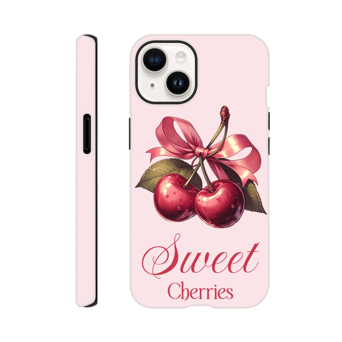 Pink iPhone case featuring vintage red cherries tied with a ribbon and "Sweet Cherries" text.
