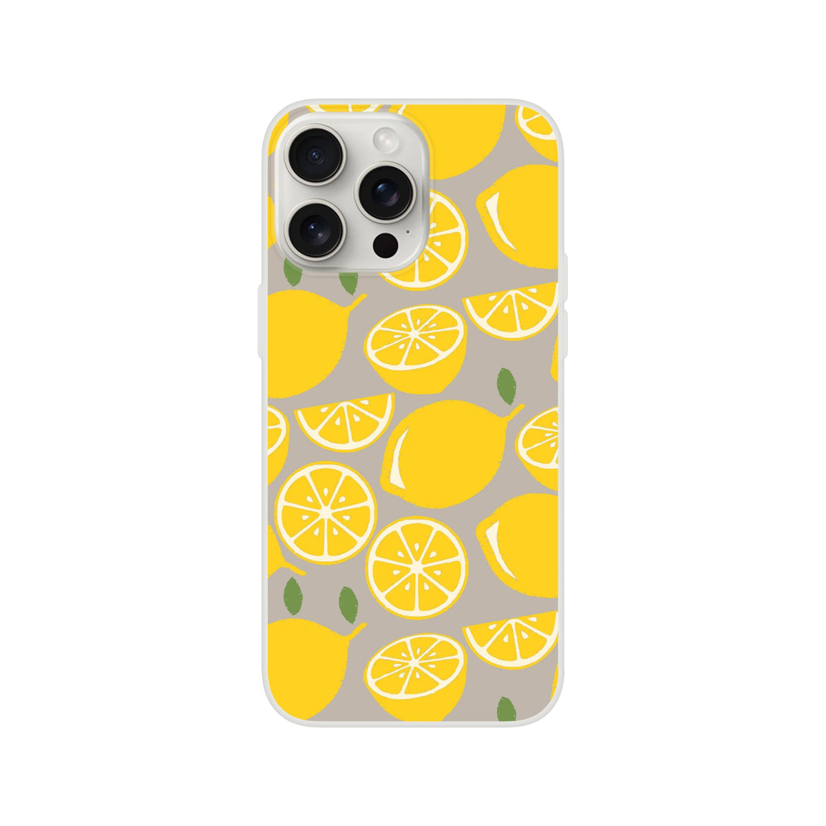 Cute lemon-pattern iPhone case for 13-16 with bright citrus slices on gray background