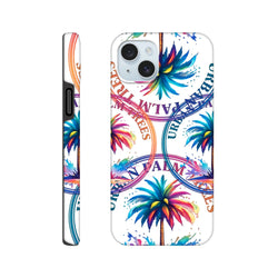 Vibrant tropical palm tree iPhone case with colorful wraparound print and bold lettering for tough city protection.