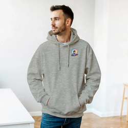Man wearing grey Built Not Bought car hoodie with colorful palm tree chest logo. Petrolhead streetwear sweatshirt with double-lined hood and matching drawstring.