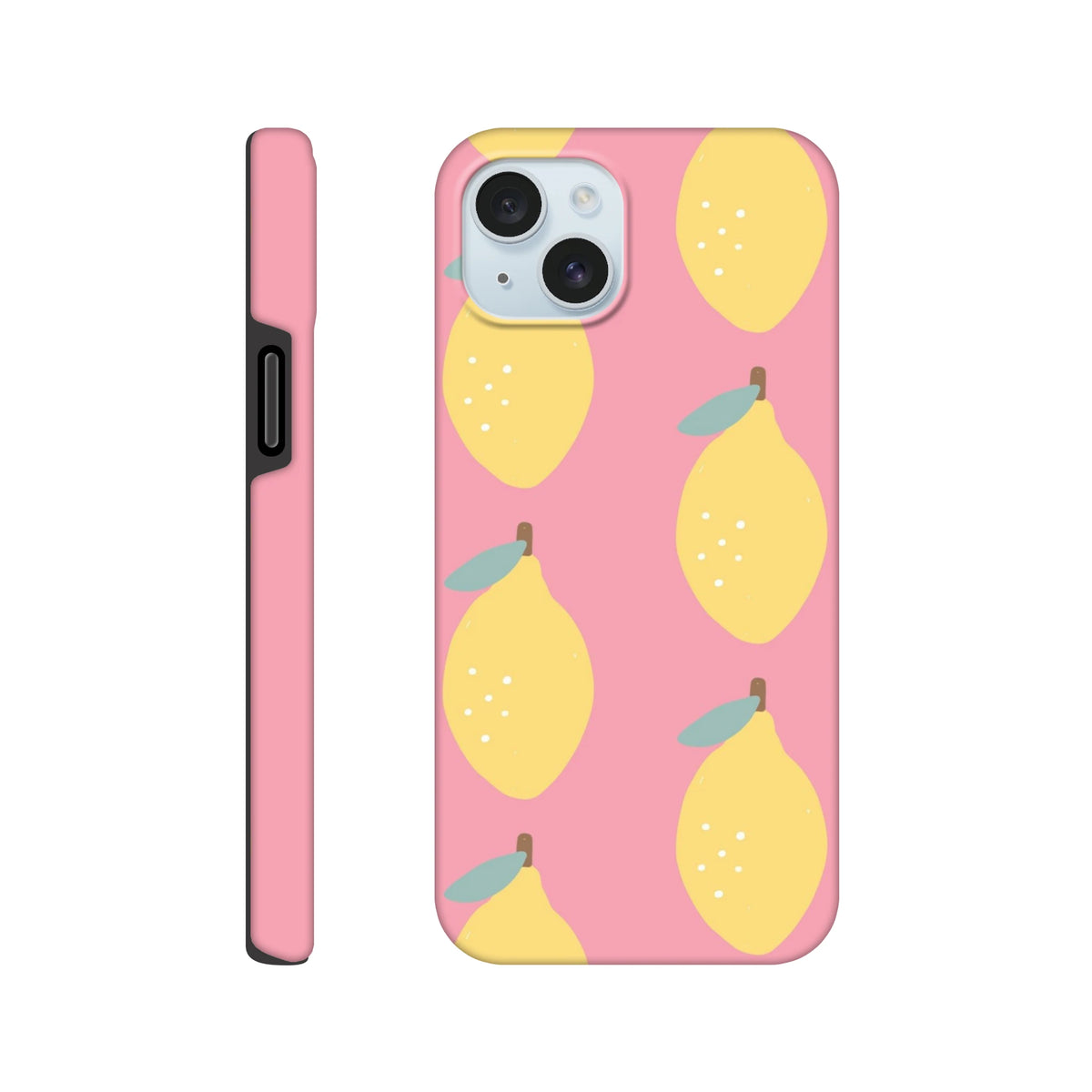 Cute pink iPhone case with yellow lemon pattern. Tough fruit design phone cover for stylish daily protection.