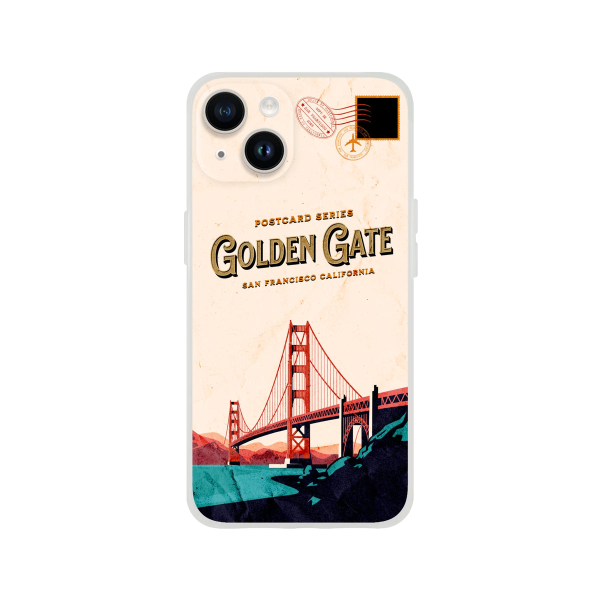 Vintage Postcard iPhone Case (13-16), USA Holiday Phone Cover with retro postcard design featuring Golden Gate Bridge.