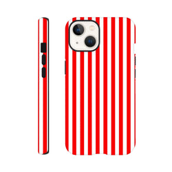 Retro red and white vertical striped tough iPhone case with wraparound design for rugged protection and bold style.
