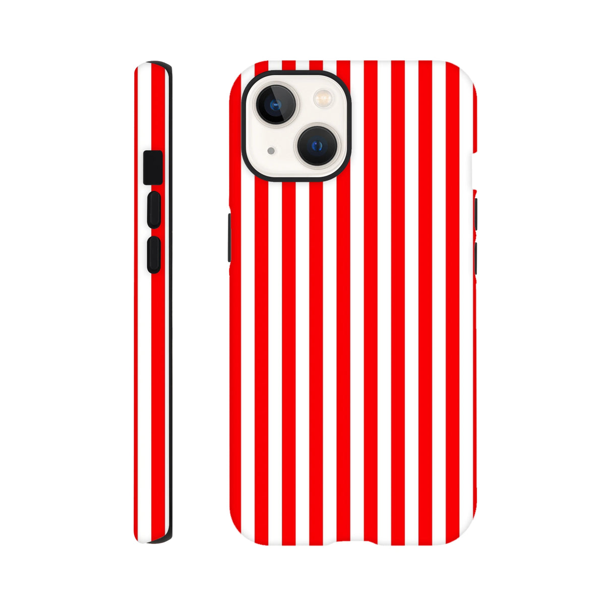 Retro red and white vertical striped tough iPhone case with wraparound design for rugged protection and bold style.