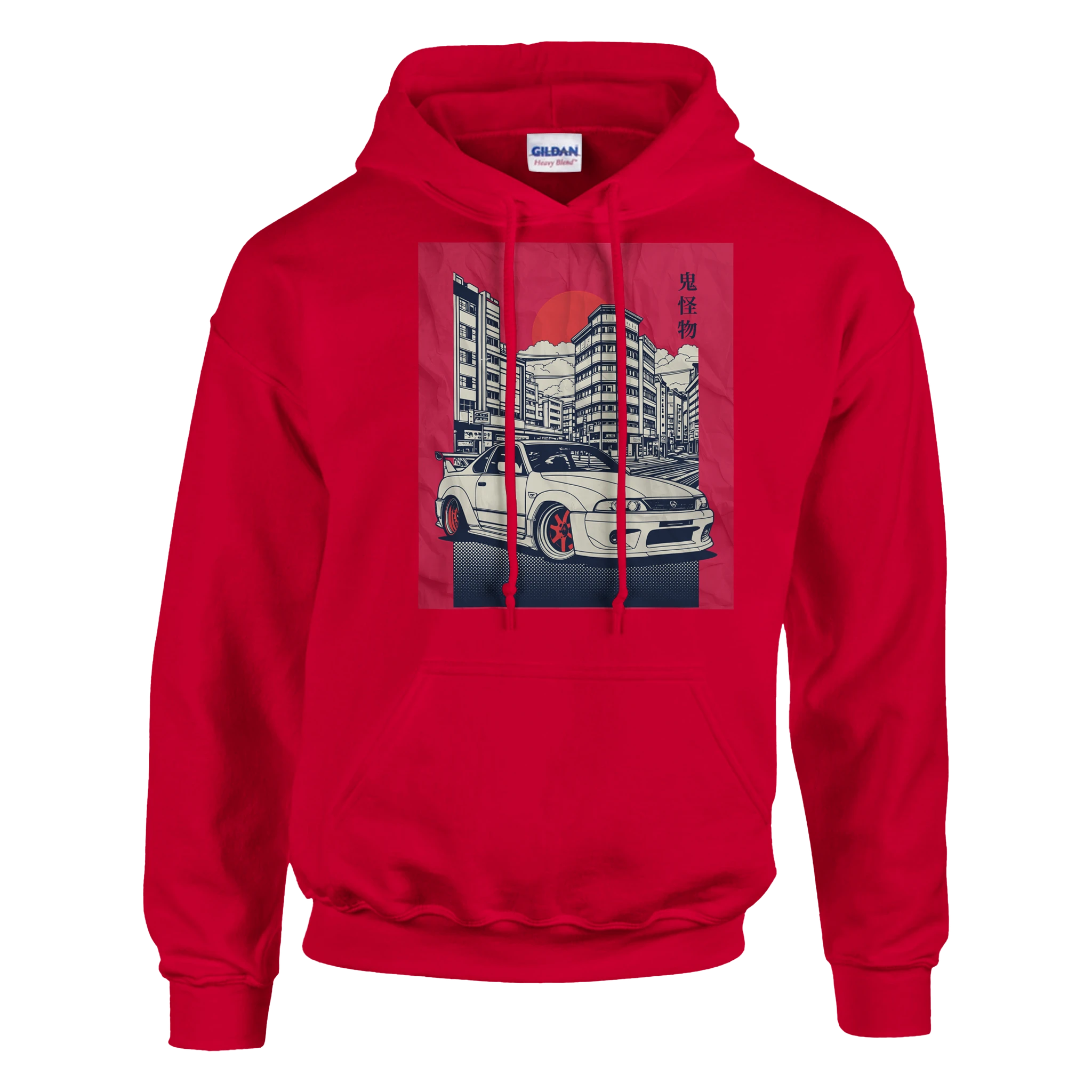 Red Car Jumper JDM hoodie with front graphic of a white sports car in cityscape; soft cotton blend, double-lined hood.
