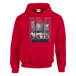 Red Car Jumper JDM hoodie with front graphic of a white sports car in cityscape; soft cotton blend, double-lined hood.