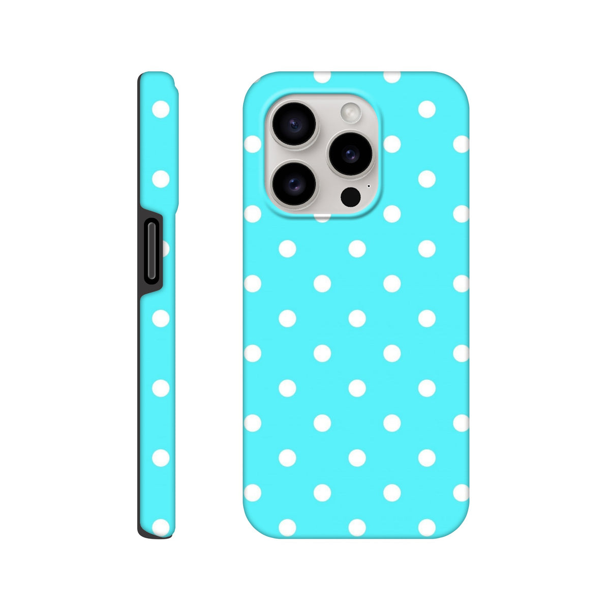 Turquoise and white polka dot tough iPhone case featuring a glossy exterior and shock-absorbing TPU chassis for retro cute protection.