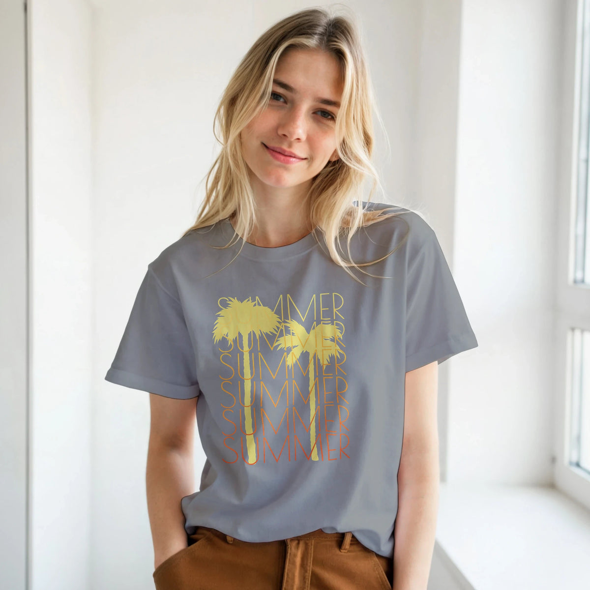 Woman wearing gray Cute Summer T-Shirt with yellow palm-tree sun graphic, retro vintage vibes.