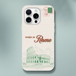 Vintage postcard iPhone case (13-16) with Rome landmarks and When in Rome typography on a cream background