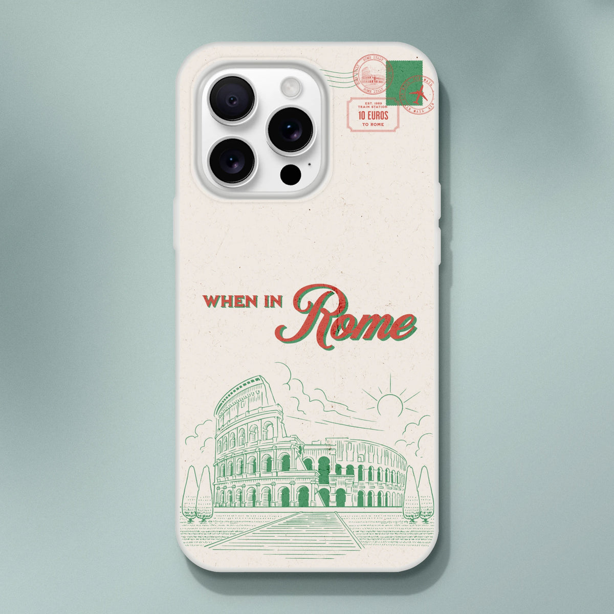 Vintage postcard iPhone case (13-16) with Rome landmarks and When in Rome typography on a cream background