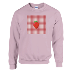 Pink crewneck sweatshirt featuring a vintage red strawberry graphic on a red and white gingham square.