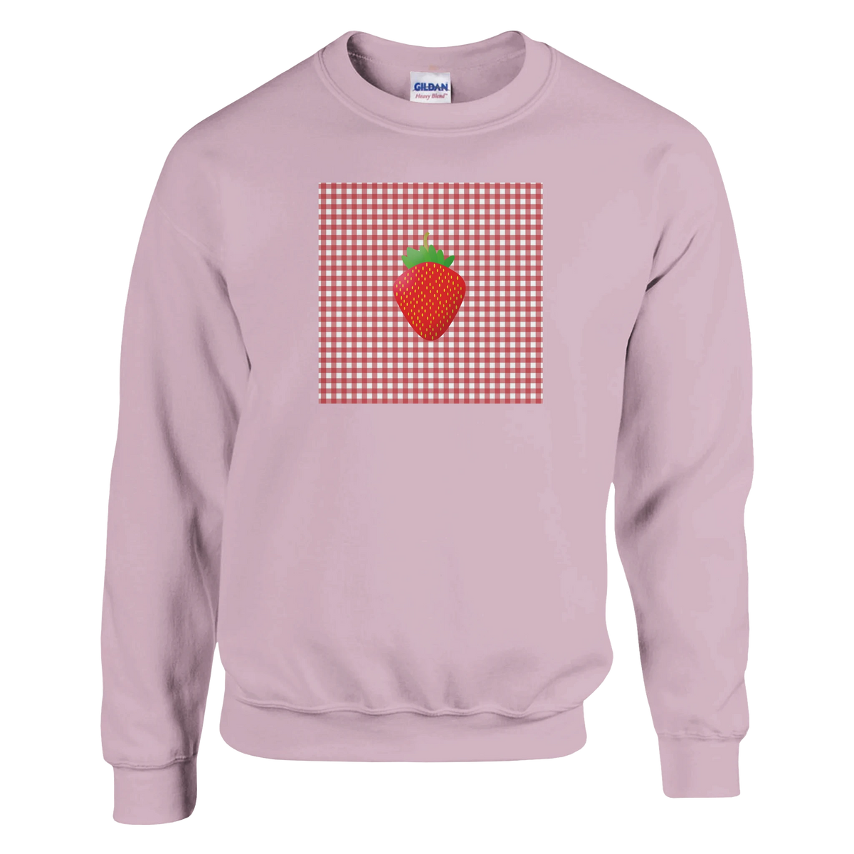 Pink crewneck sweatshirt featuring a vintage red strawberry graphic on a red and white gingham square.