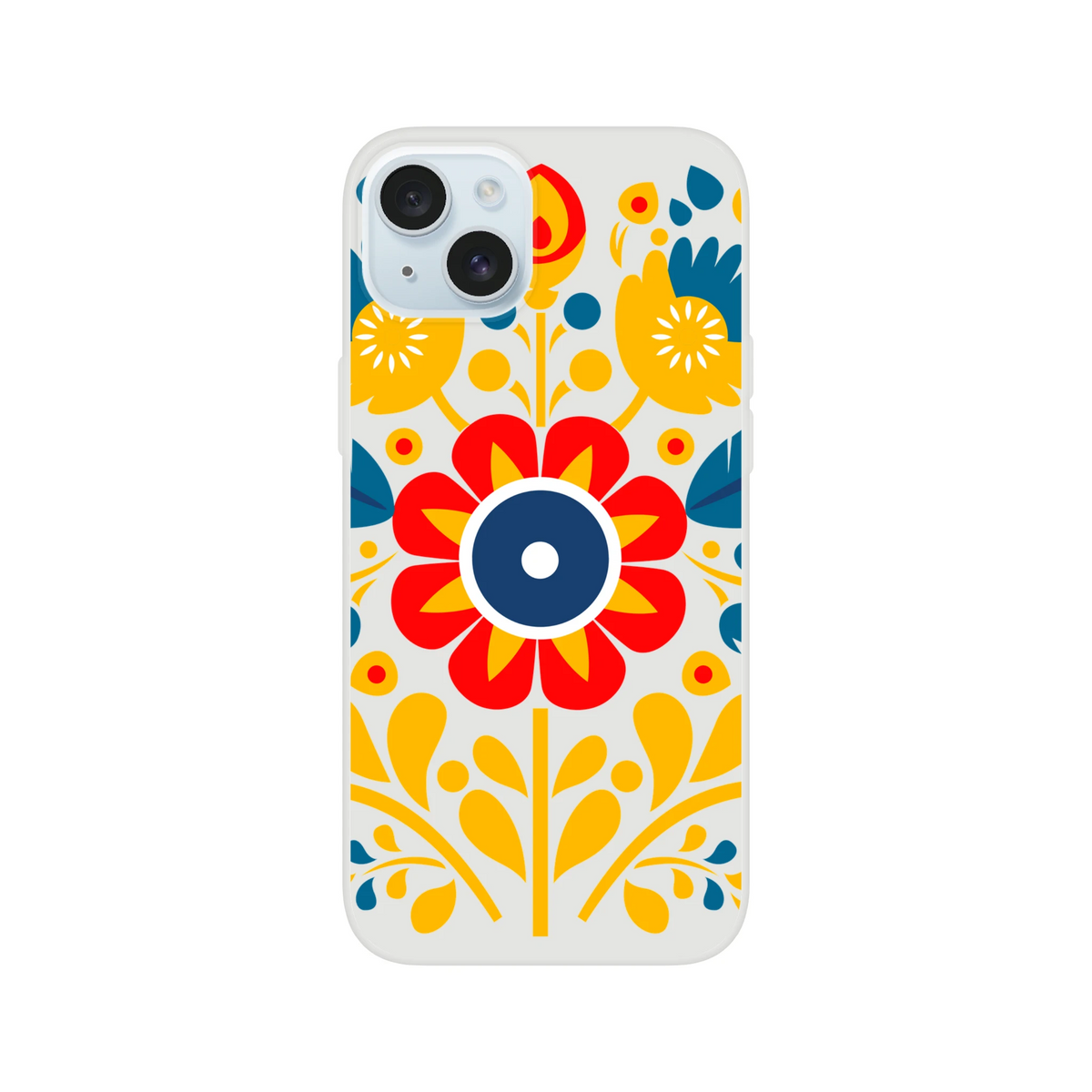 Floral slim protective iPhone case for 13–16 with transparent texture and bright multi-color flower design.