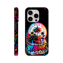Redline Petrolhead iPhone case with Urban Palm Trees graphic, tachometer, and colorful paint splatter on black.