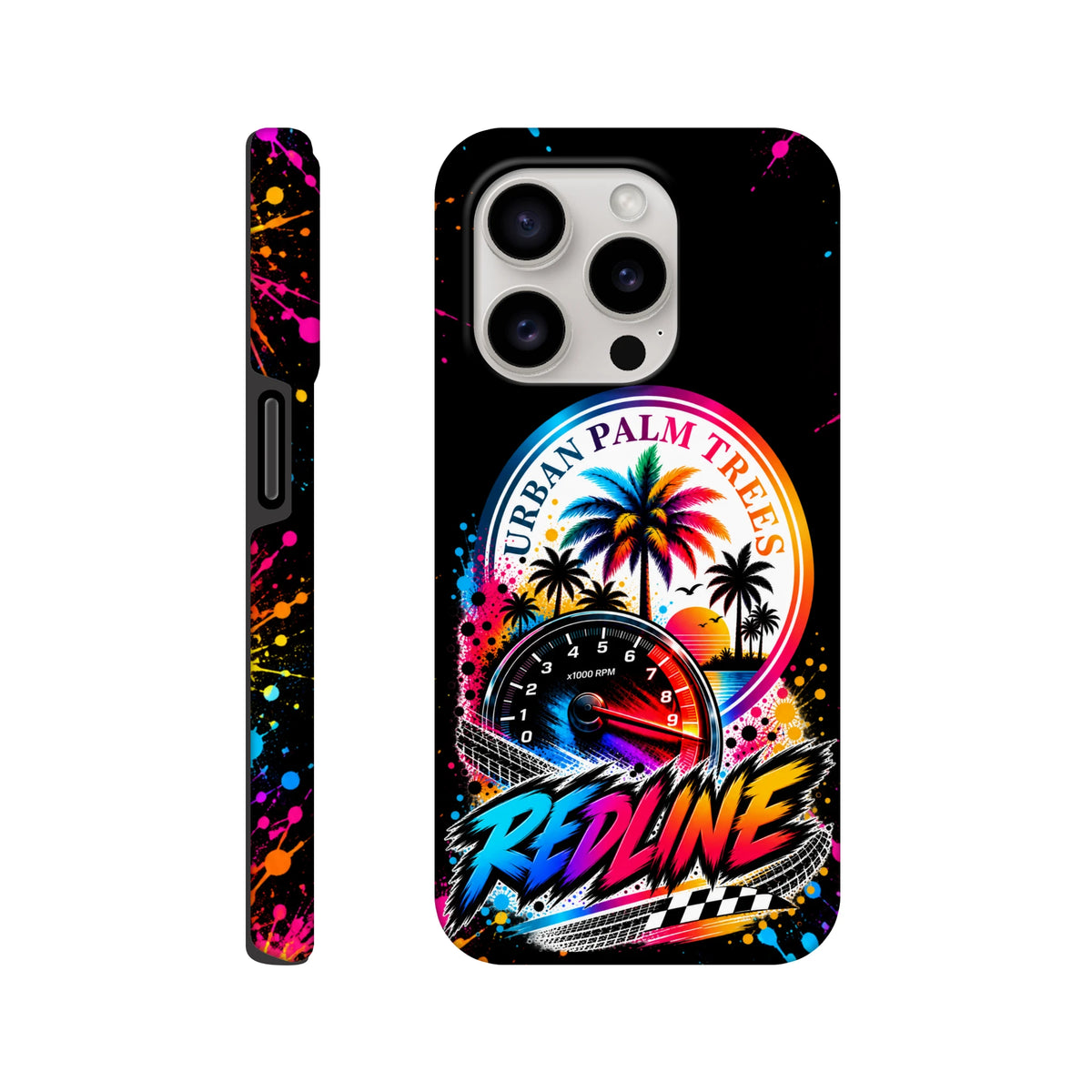 Redline Petrolhead iPhone case with Urban Palm Trees graphic, tachometer, and colorful paint splatter on black.