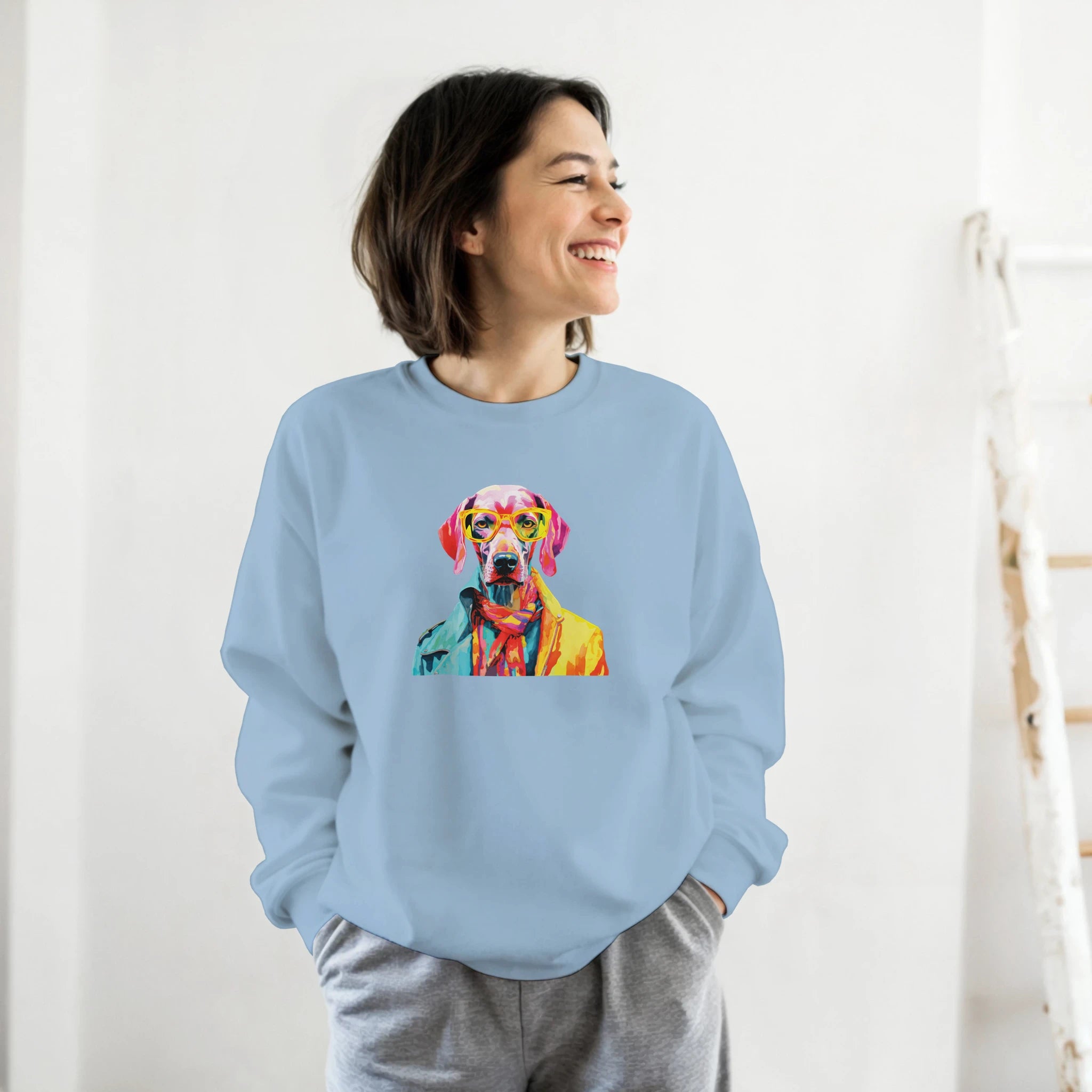 Light blue Gent Dog Jumper women's graphic sweatshirt featuring a colorful dog wearing glasses.