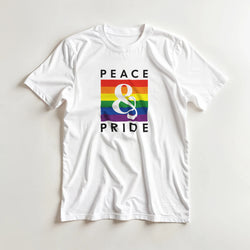 White T-shirt featuring a retro rainbow graphic with "PEACE & PRIDE" text and a large ampersand symbol.
