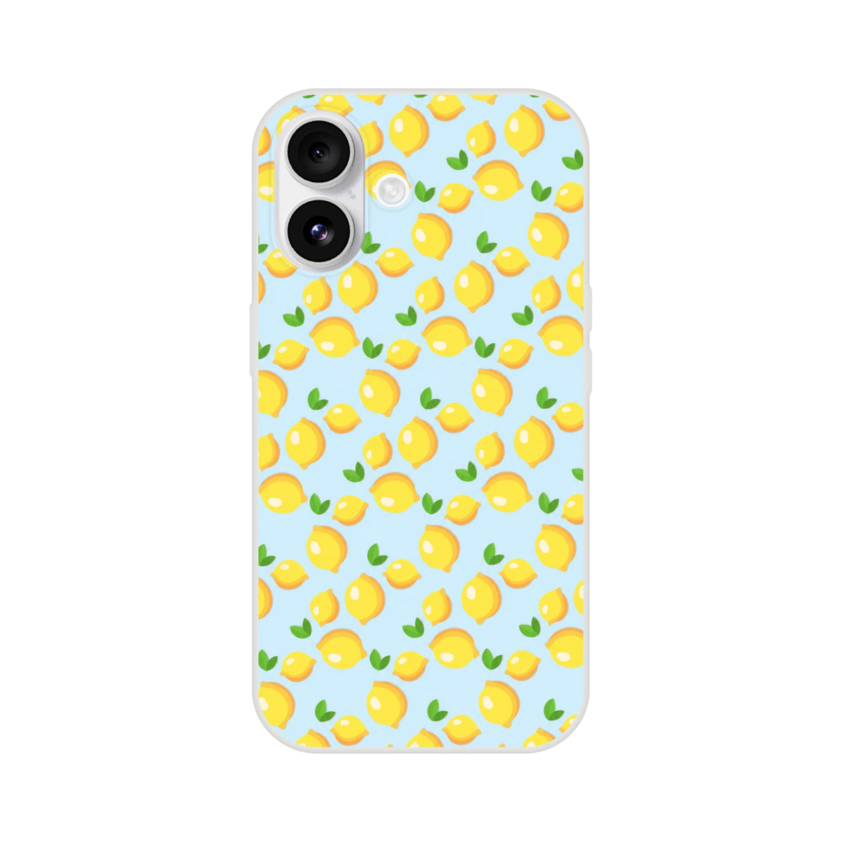 Blue iPhone case for 13–16 with a cute mini lemon pattern and green leaves.