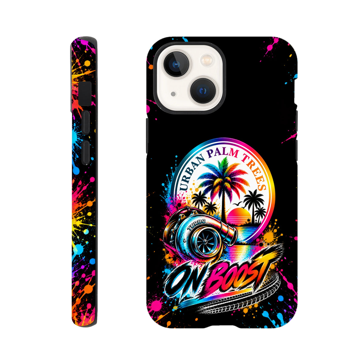 Black iPhone case featuring a colorful turbocharger, palm trees, and "On Boost" text with paint splatter sides.