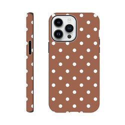 Retro brown and white polka dot tough iPhone case with shock-absorbing TPU protection for iPhone 13-16 Pro Max.