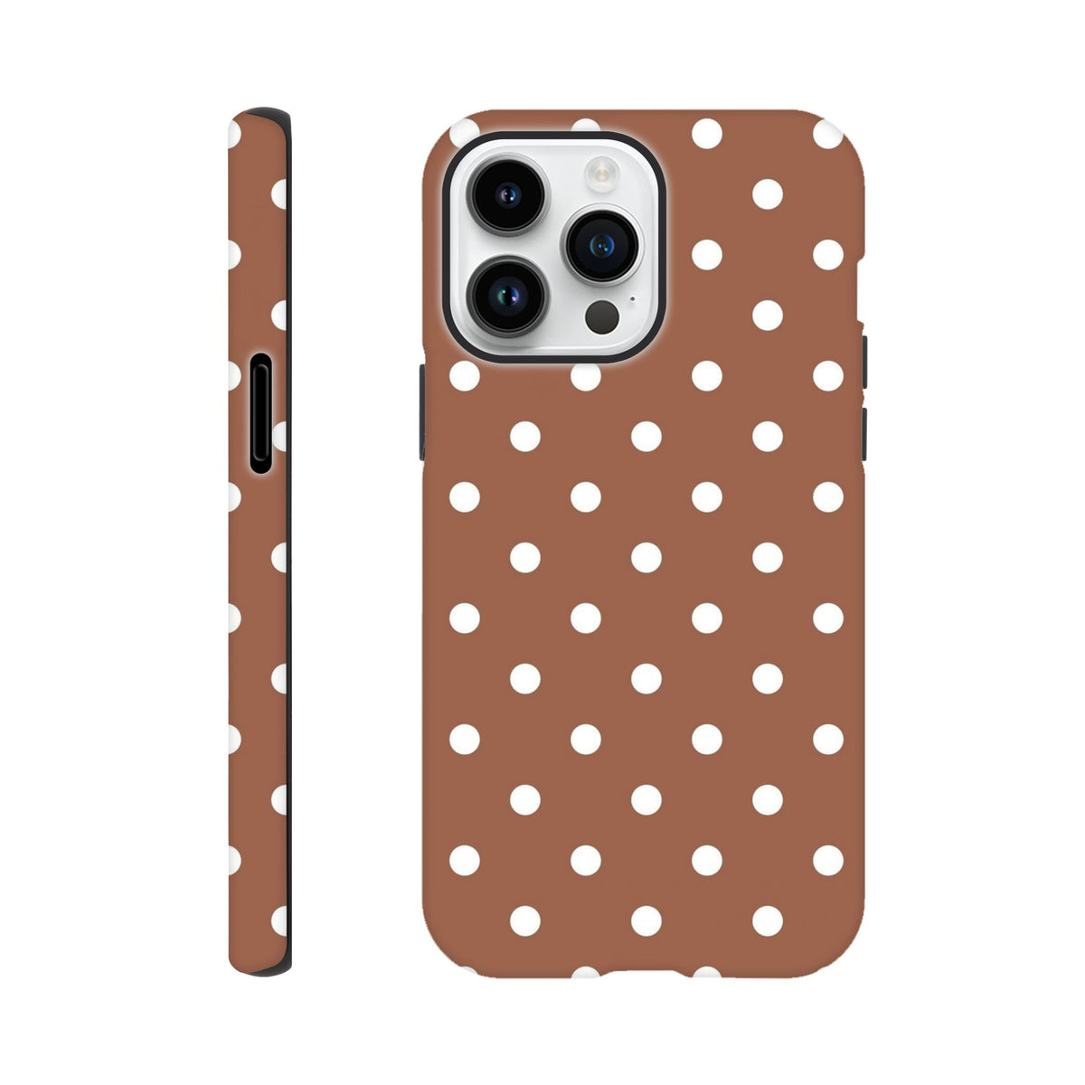 Retro brown and white polka dot tough iPhone case with shock-absorbing TPU protection for iPhone 13-16 Pro Max.