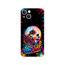 Low Life car culture iPhone case featuring a shock absorber, urban palm trees sunset graphic, and colorful paint splatter art.