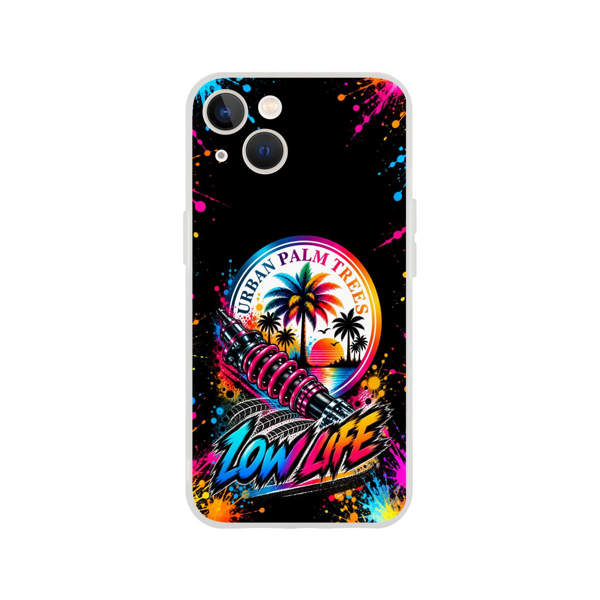 Low Life car culture iPhone case featuring a shock absorber, urban palm trees sunset graphic, and colorful paint splatter art.