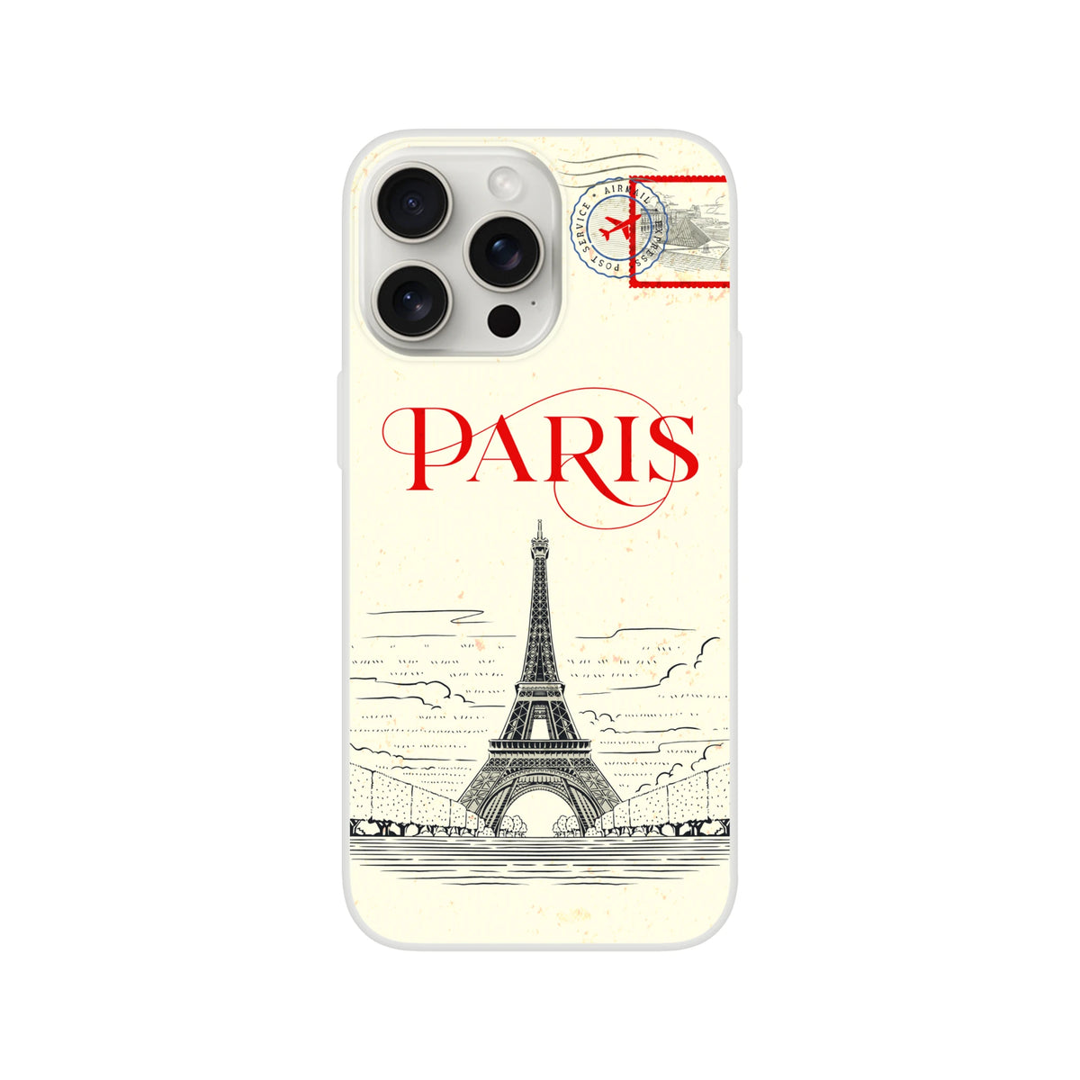 Vintage Paris postcard iPhone case for 13–16, retro stamp design with Eiffel Tower, flexible shell.
