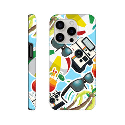 Blue summer holiday sticker effect iPhone case featuring palm trees, vintage cameras, sunglasses, and cocktails on a light blue background.