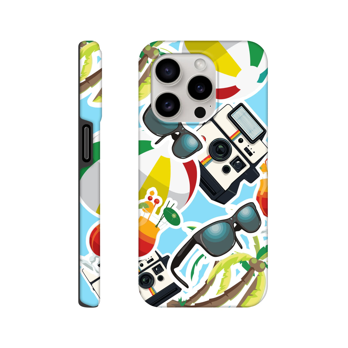 Blue summer holiday sticker effect iPhone case featuring palm trees, vintage cameras, sunglasses, and cocktails on a light blue background.