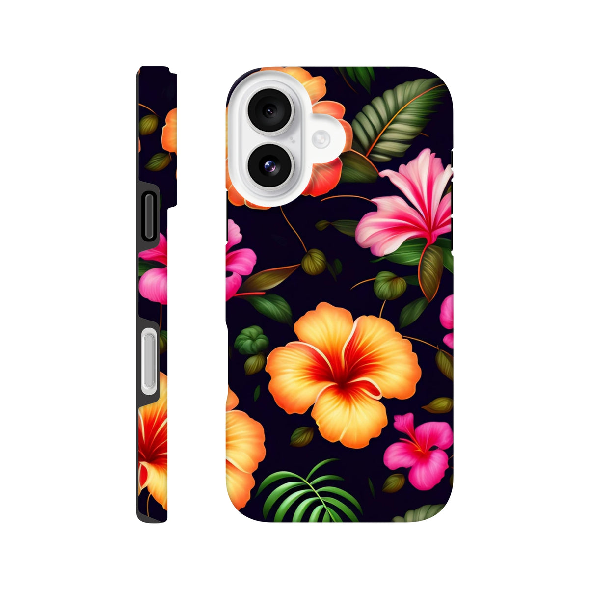 Tropical floral tough iPhone case featuring vibrant orange and pink hibiscus flowers with green leaves on a dark background.