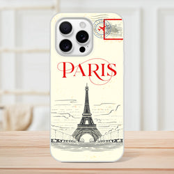 Vintage postcard iPhone case for iPhone 13-16 with Paris design, Eiffel Tower, red PARIS text, retro stamp.