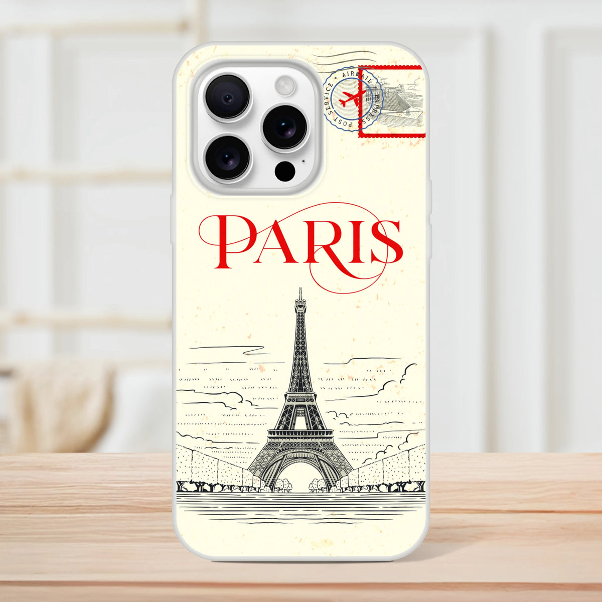 Vintage postcard iPhone case for iPhone 13-16 with Paris design, Eiffel Tower, red PARIS text, retro stamp.
