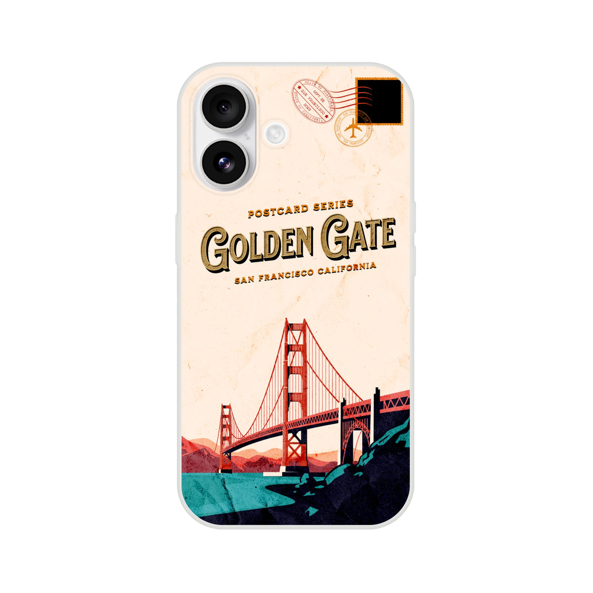 Vintage postcard-style iPhone case for iPhone 13–16 featuring the Golden Gate Bridge and travel stamps.