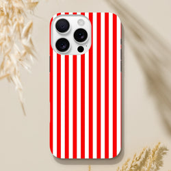 Retro red and white vertical stripe toughiPhone case with bold wraparound design for daily carry protection.